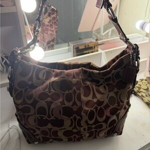 Coach Burgundy and Tan Signature Shoulder Bag